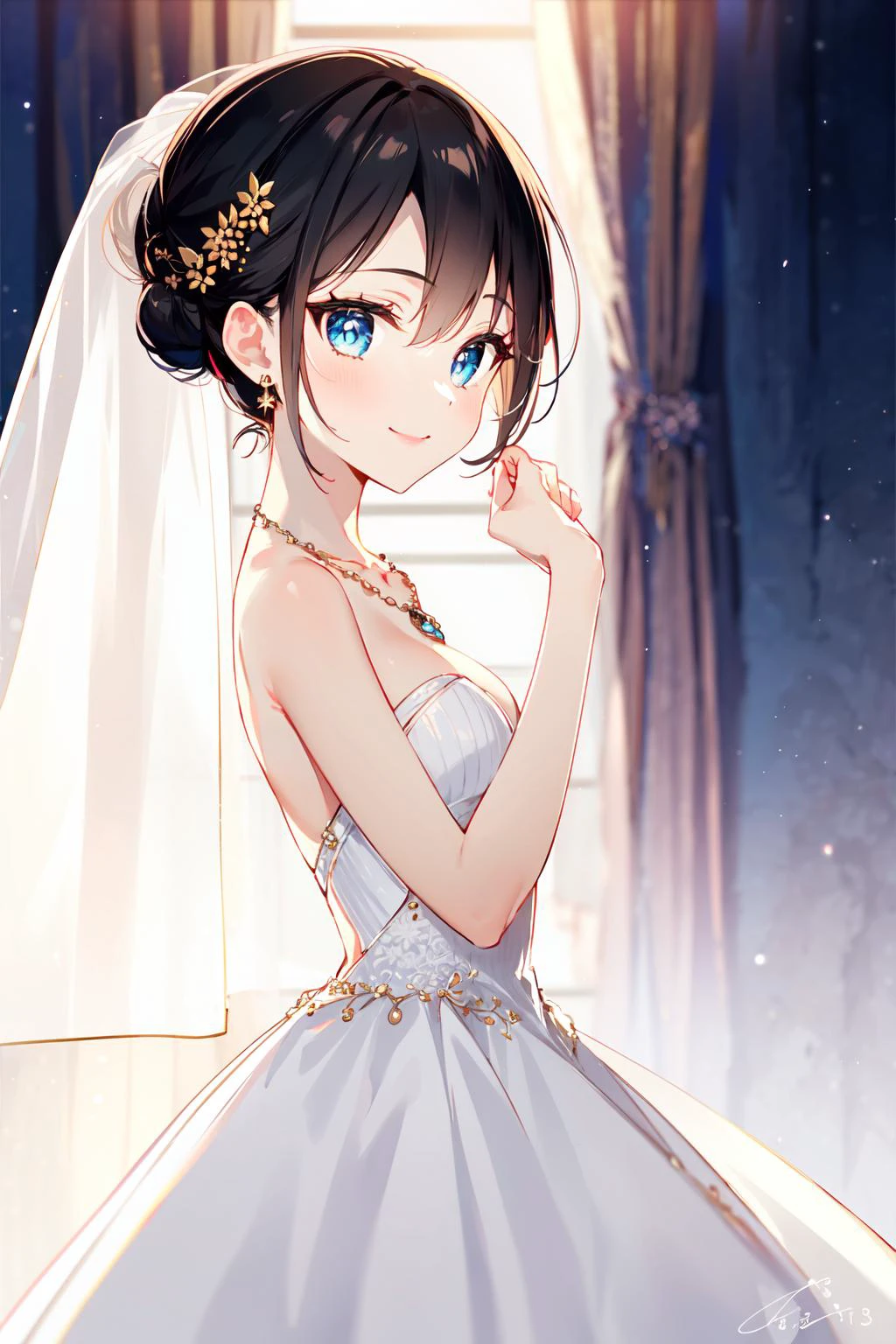 -first love, 1girl, dress, smile, white dress, blue eyes, hair bun, jewelry, bangs, solo focus, curtains, looking at viewer, single hair bun, wedding dress, veil, closed mouth, earrings, signature, holding hands, hair ornament, light particles, cowboy shot, breasts, short hair, bridal veil, blush, from side, necklace, small breasts, hair between eyes, standing, black hair, bride, out of frame, brown hair, see-through