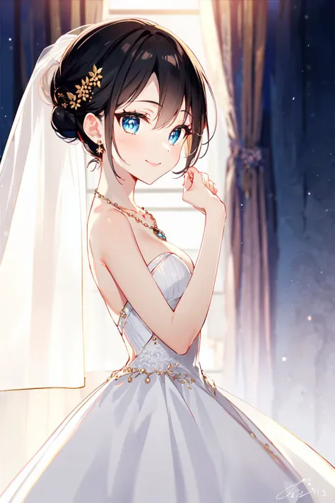 -first love, 1girl, dress, smile, white dress, blue eyes, hair bun, jewelry, bangs, solo focus, curtains, looking at viewer, single hair bun, wedding dress, veil, closed mouth, earrings, signature, holding hands, hair ornament, light particles, cowboy shot, breasts, short hair, bridal veil, blush, from side, necklace, small breasts, hair between eyes, standing, black hair, bride, out of frame, brown hair, see-through