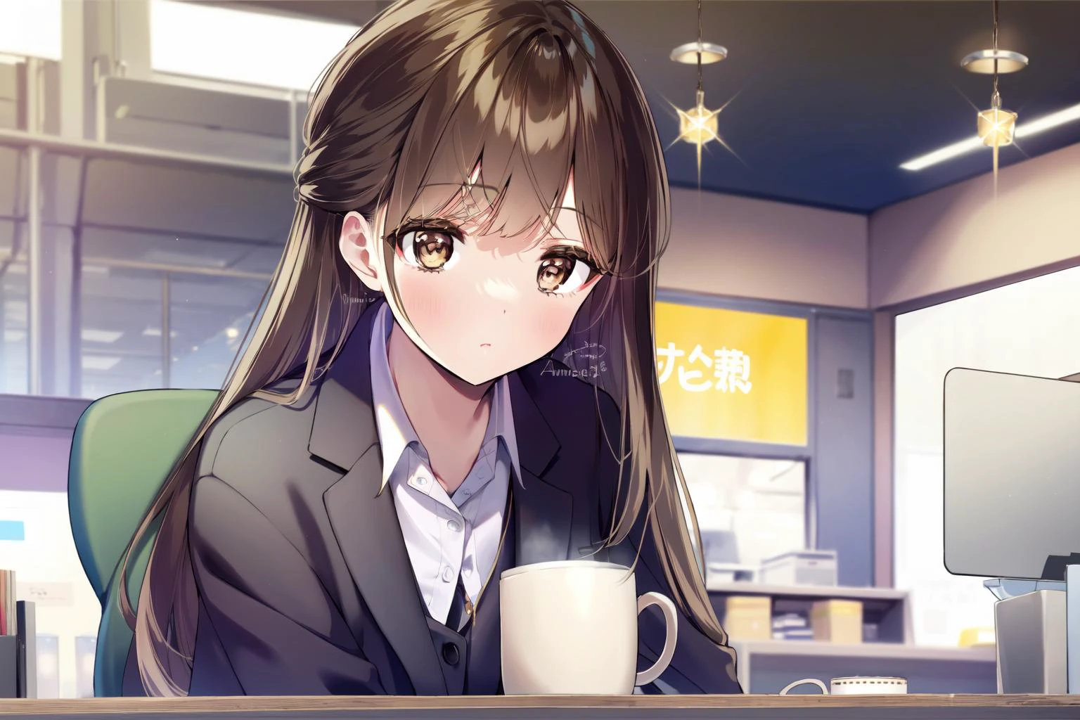 (masterpiece:1.2),best quality,PIXIV,coffee mug,
Shino amagi OL,
1girl,cup,solo,brown hair,long hair,breasts,looking at viewer,brown eyes,office lady,ol,
office,
<lora:Shino amagi OL-000018:0.9>,