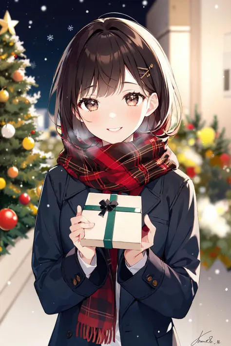 -first love, 1girl, solo, scarf, gift, looking at viewer, smile, brown hair, holding, red scarf, hair ornament, plaid scarf, snowflakes, brown eyes, upper body, blush, holding gift, bangs, blurry, jacket, plaid, christmas, hairclip, blurry background, long sleeves, signature, school uniform, hood, gift box, enpera, box, depth of field, black jacket, long hair, outdoors, incoming gift, parted lips, open clothes