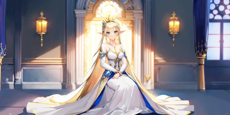 masterpiece,best quality,((masterpiece)),(((best quality))),((ultra-detailed)),((best illustration)),(best shadow),((disheveled hair)),(extremely detailed 8K wallpaper),((1girl)),solo,((an extremely delicate and beautiful)),elf,beautiful blue eyes,detailed blonde hair,very long hair,full body,medium_breasts,dynamic angle,light smile,((gorgeous court dress)),(very long white dresses),ribbon-trimmed sleeves,hair ornament,necklace,looking at viewer,sitting on a throne,(hands hidden in the dress),((european style palace)),sunlight through the window,{flowers), oil painting, painting ,<lora:ChihunHentai_20230709225610-000004:0.7>,,,