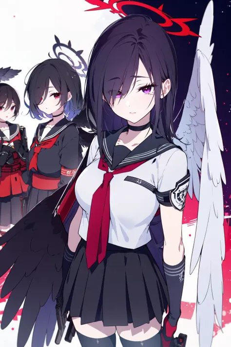 (masterpiece:1.2),best quality,PIXIV,first love,
multiple girls,weapon,3girls,hasumi (blue archive),long hair,halo,skirt,school uniform,black hair,gun,wings,gloves,black wings,serafuku,breasts,red eyes,large breasts,rifle,black serafuku,holding weapon,sailor collar,short hair,armband,black skirt,very long hair,choker,long skirt,bangs,pleated skirt,purple eyes,holding,looking at viewer,holding gun,black gloves,hair between eyes,sniper rifle,feathered wings,anti-materiel rifle,bow,long sleeves,red bow,mole under eye,black choker,bowtie,mole,closed mouth,large wings,low wings,red necktie,hair over one eye,necktie,thighhighs,red bowtie,standing,blue archive,<lora:blue archive-000018:0.8>,