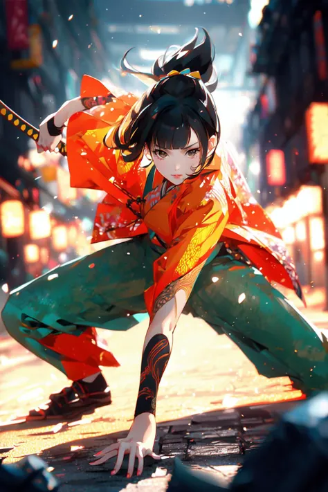 (masterpiece:1.2),best quality,PIXIV,first love,
Samurai girl,
weapon,1girl,sword,holding,solo focus,long hair,holding weapon,holding sword,black hair,blurry,brown eyes,ponytail,looking at viewer,fighting stance,closed mouth,katana,bangs,japanese clothes,arm guards,squatting,one knee,sheath,blurry background,pants,lips,thigh strap,armor,serious,kimono,
<lora:Samurai girl:1>,