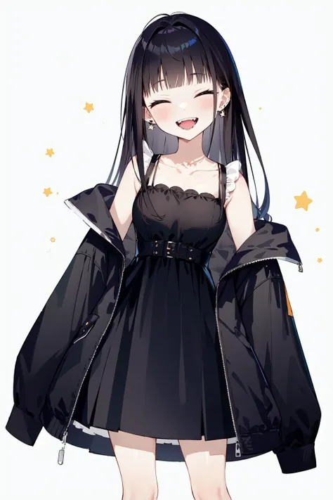 first love, 1girl, solo, facing viewer, long hair, dress, jacket, plastic bag, smile, closed eyes, bangs, black jacket, white dress, bag, black hair, sleeveless dress, open mouth, off shoulder, holding, :d, socks, holding bag, open jacket, sleeveless, breasts, collarbone, long sleeves, white socks, teeth, feet out of frame, open clothes, signature, jewelry, white background, blunt bangs, star \(symbol\), earrings, ^_^, simple background, sleeves past wrists, fangs, medium breasts, grey background, upper teeth only, kneehighs, bare shoulders, standing, ear piercing, blush