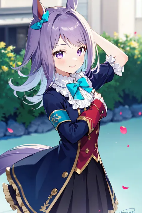 -first love, 1girl, solo, mejiro mcqueen \(umamusume\), animal ears, horse ears, long hair, purple eyes, horse girl, purple hair, horse tail, looking at viewer, skirt, tail, long sleeves, bow, ear ribbon, aqua ribbon, blurry, blurry background, blush, black skirt, smile, bangs, pleated skirt, frills, petals, signature, ribbon, armband, swept bangs, black jacket, jacket, depth of field, blue bow, bowtie, frilled sleeves, aqua bow, cowboy shot, flower