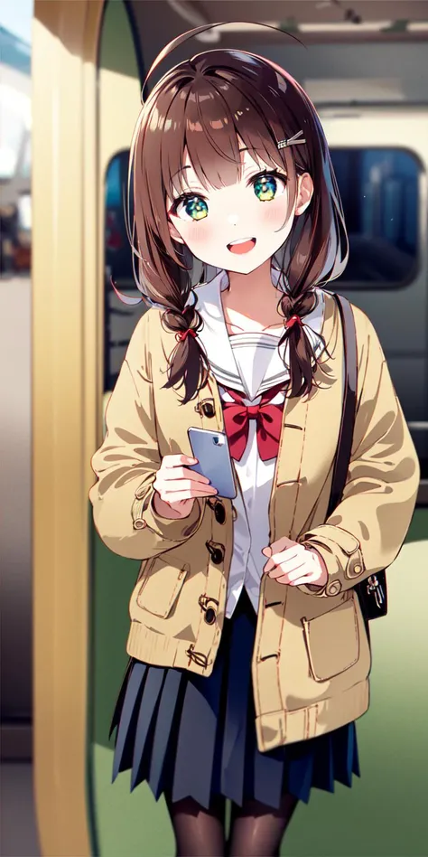-first love, 1girl, phone, holding phone, cellphone, green eyes, skirt, holding, pantyhose, smartphone, long hair, school uniform, open mouth, bag, hair ornament, smile, bangs, hairclip, pleated skirt, open clothes, looking at viewer, red bow, train interior, black skirt, ahoge, train station, solo focus, blurry, pov, blush, shirt, sailor collar, bow, serafuku, brown hair, standing, long sleeves, red bowtie, collarbone, cardigan, :d, school bag, bowtie, ribbon, hair ribbon, train, ground vehicle, white sailor collar, coat, depth of field, blurry foreground, teeth
