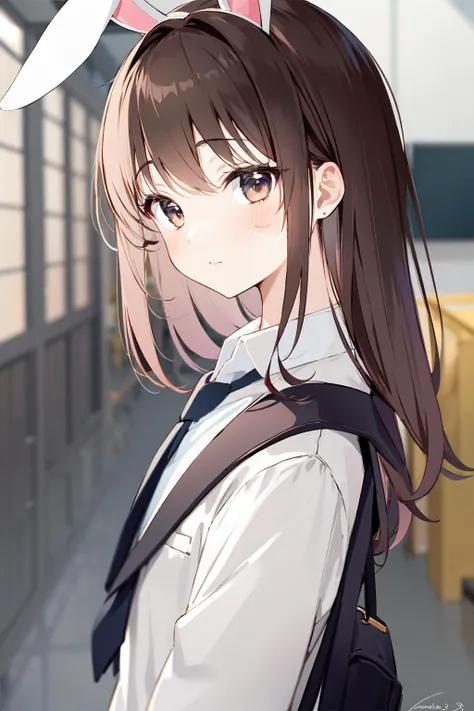 -first love, 1girl, solo, animal ears, brown hair, necktie, brown eyes, v, long hair, looking at viewer, blush, shirt, rabbit ears, collared shirt, white shirt, backpack, upper body, blurry, bag, bangs, closed mouth, signature, selfie, blurry background, school uniform, long sleeves, facial mark, fake animal ears, black necktie