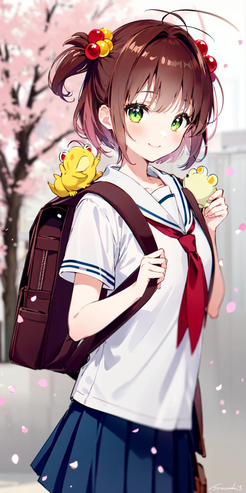 -first love, 1girl, kinomoto sakura, skirt, kero, green eyes, brown hair, school uniform, pleated skirt, smile, blurry, bag, short sleeves, hair ornament, hair bobbles, looking at viewer, petals, blurry background, short hair, serafuku, backpack, antenna hair, sailor collar, white shirt, bangs, closed mouth, neckerchief, outdoors, shirt, cowboy shot, two side up, tomoeda uniform, black skirt, depth of field, signature, holding strap, red neckerchief, necktie, blue skirt, standing, red necktie, collarbone, blush, artist name, creature