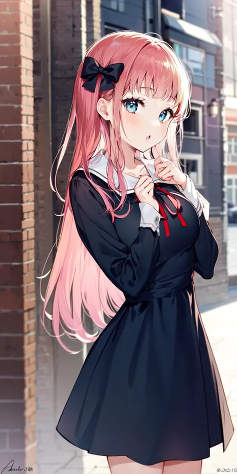 -first love, 1girl, fujiwara chika, solo, shuuchiin academy school uniform, long hair, pink hair, school uniform, bow, looking at viewer, hair bow, dress, black dress, blue eyes, bangs, breasts, red ribbon, black bow, long sleeves, ribbon, blush, blunt bangs, brick wall, parted lips, medium breasts, signature, neck ribbon, hand up, :o, hand on own chest, artist name, holding