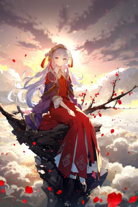 (masterpiece:1.2),best quality,PIXIV,first love,
Elaina,Chinese weddingdress,<lora:Chinese weddingdress-000018:0.9>,
1girl,long hair,dress,branch,red dress,cloud,sky,petals,tree,red eyes,sitting,chinese clothes,white hair,flower,smile,