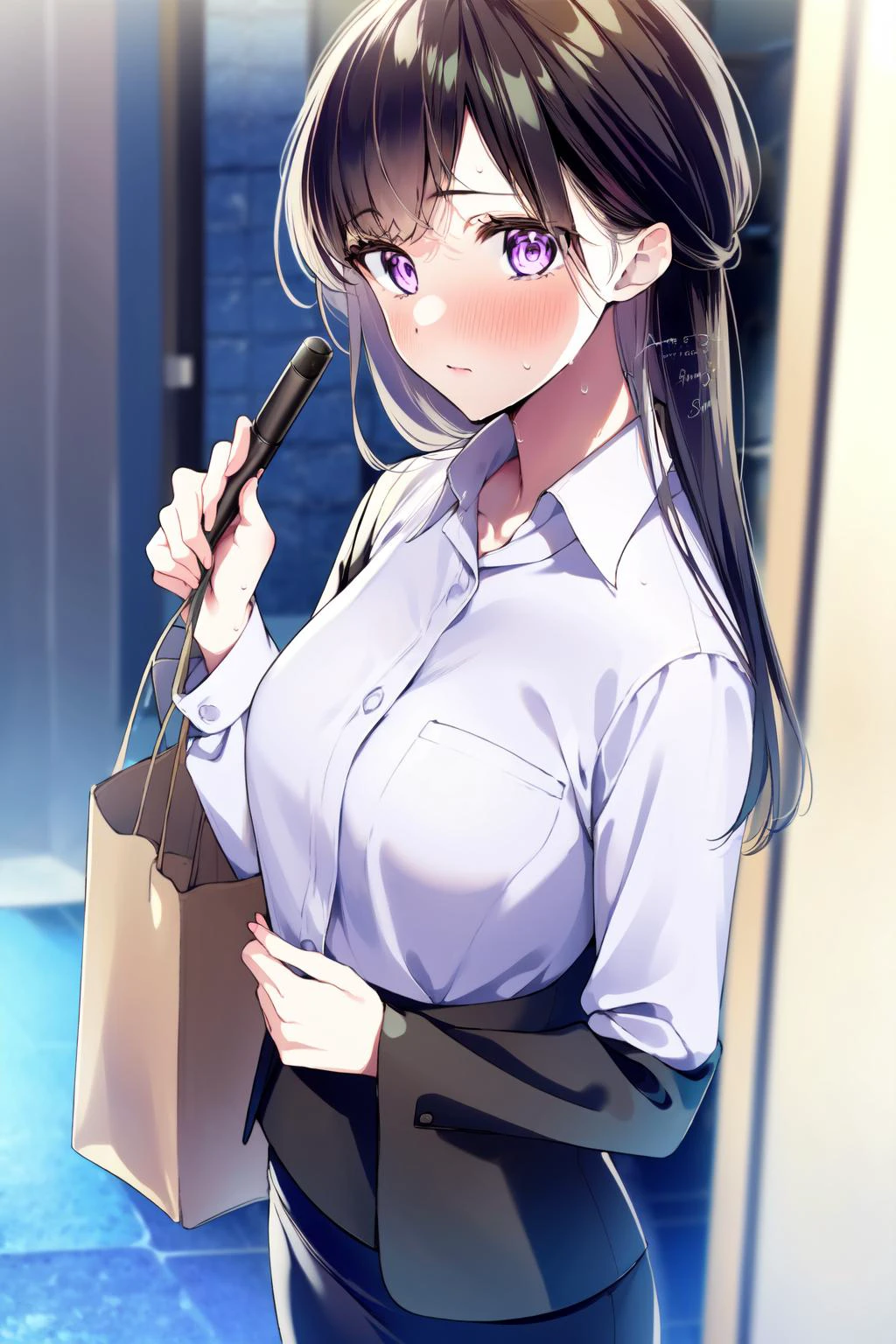 (masterpiece:1.2),best quality,PIXIV,first love,
Shino amagi OL,1girl,office lady,shirt,solo,long hair,white shirt,skirt,purple eyes,blush,collared shirt,holding jacket,jacket,long sleeves,holding,jacket removed,bangs,blurry background,breasts,black hair,dress shirt,bag,black skirt,looking at viewer,artist name,towel,sweat,brown hair,holding towel,pencil skirt,indoors,standing,blurry,<lora:Shino amagi OL-000018:0.9>,
