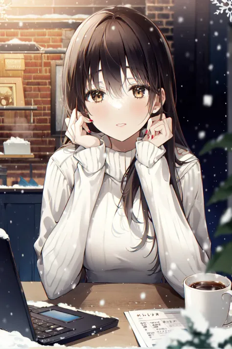 (masterpiece:1.2),best quality,PIXIV,first love,
mature lady, 1girl, solo, sweater, laptop, long hair, cup, brown hair, blush, computer, bangs, snowflakes, looking at viewer, mug, snowing, brick wall, coffee mug, long sleeves, cafe, turtleneck sweater, blurry foreground, black sweater, breasts, nail polish, coffee, table, brown eyes, turtleneck, plant, upper body, window, blurry, ribbed sweater, large breasts, hair between eyes, snow, hands up, sitting<<lora:mature lady-000018:0.8>