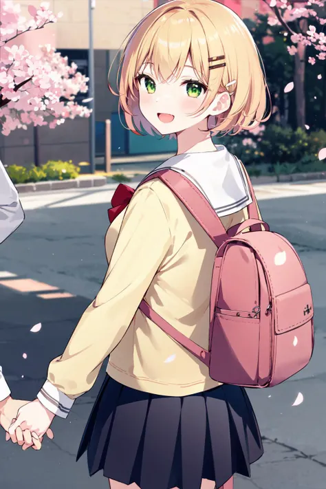 -first love, 1girl, outdoors, bag, skirt, smile, school uniform, red bow, looking at viewer, cherry blossoms, blonde hair, bow, backpack, blush, hair ornament, bangs, pleated skirt, bowtie, white sailor collar, green eyes, black skirt, long sleeves, sailor collar, red bowtie, short hair, open mouth, hairclip, holding hands, solo focus, petals, :d, serafuku, shirt, looking back, tree, black shirt, day, falling petals