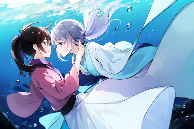 (masterpiece:1.2),best quality,PIXIV,first love,
fenglingyuxiu,underwater,long hair,ponytail,white hair,bubble,smile,1girl,purple eyes,air bubble,1boy,holding hands,looking at another,brown hair,black hair,
<lora:fenglingyuxiu-000014:0.8>,