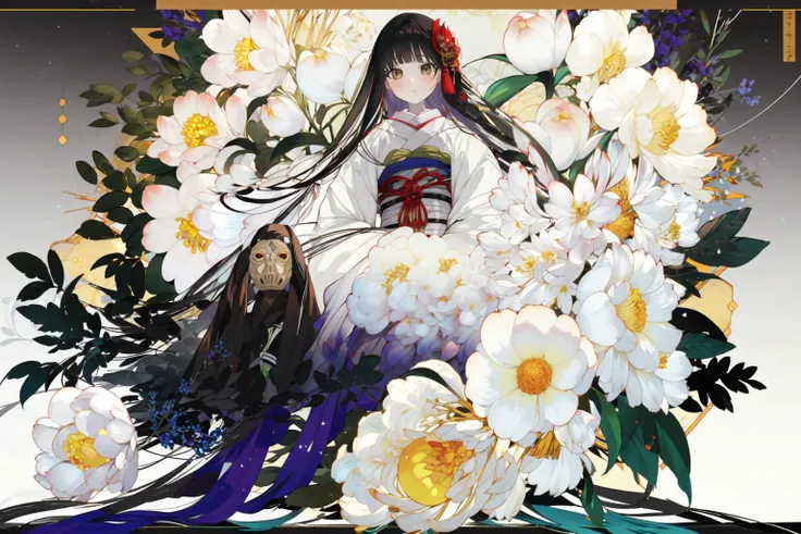 (masterpiece:1.2),best quality,PIXIV,first love,
ghost nocturnal,1girl,long hair,kimono,japanese clothes,flower,solo,white kimono,very long hair,black hair,red flower,looking at viewer,white flower,sash,bangs,obi,hair ornament,mask,lantern,white eyes,leaf,<lora:ghost nocturnal-000018:1>,