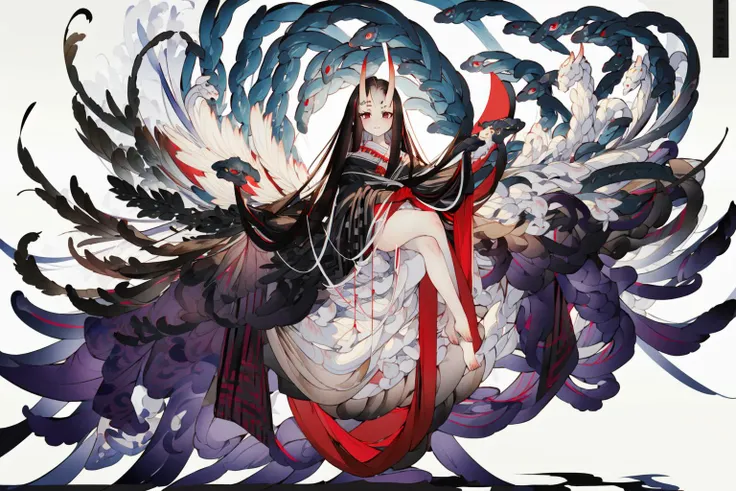 (masterpiece:1.2),best quality,PIXIV,first love,
1girl, kimono, solo, japanese clothes, long hair, red eyes, black hair, horns, crossed legs, looking at viewer, sitting, barefoot, wide sleeves, bangs, long sleeves, very long hair, snake, full body, oni horns
<lora:ghost nocturnal-000018:1>