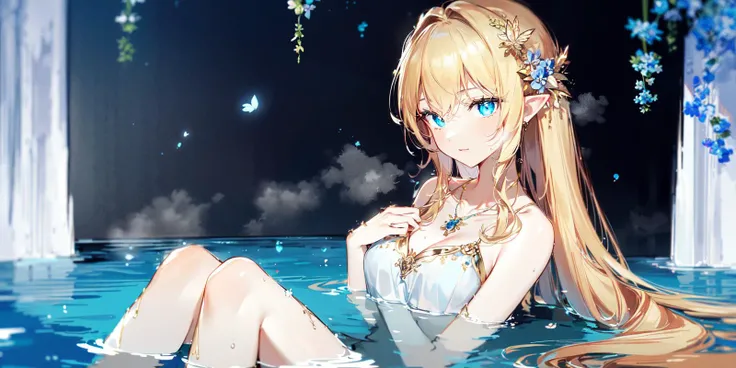 ((masterpiece)),(((best quality))),((ultra-detailed)),((illustration)),{{ detailed and intricate}},dynamic angle,(((an extremely delicate and beautiful girl))),((beautiful detailed eyes)),glowing eyes,depth of field,
{{1 girl }},Wrapped in bath towel,elf,mature female,Very long hair,blonde hair,Absurdly long hair,(Curly hair),Bangs,blue eyes,slit pupils,Happy,medium_breasts,slim legs,{{papilla}},Soak in the hot water,Seductive,(Submerged below chest),Take a bath,hair ornament,necklace,looking at viewer,(medium_breasts),night,(slim body),
Gorgeous aristocratic bathing place,Royal Fishing Ground,Resplendent,steam,splash,{{fluttered detailed splashs}},{{surrounded_by_floating_petal}},(Soft warm light),{flowers),,