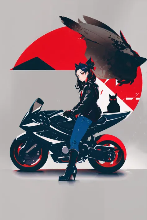 (masterpiece:1.2),best quality,PIXIV,first love,
1girl,cat,black cat,ground vehicle,motor vehicle,motorcycle,boots,high heel boots,high heels,pants,bag,jacket,simple background,animal,red bow,hair bow,leather,bow,sitting,gloves,denim,black jacket,solo,black footwear,jeans,kiki (majo no takkyuubin),long sleeves,grey background,from side,
<lora:style by snatti-000018:0.9>,