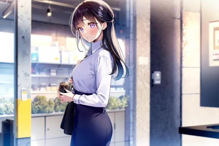 (masterpiece:1.2),best quality,PIXIV,coffee mug,
Shino amagi OL, 1girl, office lady, shirt, solo, long hair, white shirt, skirt, purple eyes, blush, collared shirt, holding jacket, jacket, long sleeves, holding, jacket removed, bangs, blurry background, breasts, black hair, dress shirt, bag, black skirt, looking at viewer, artist name, towel, sweat, brown hair, holding towel, pencil skirt, indoors, standing, blurry<lora:Shino amagi OL-000018:0.9>,