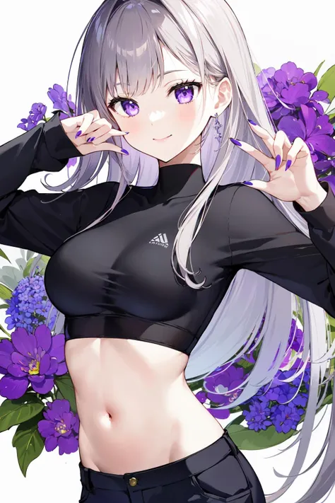 (masterpiece:1.2),best quality,PIXIV,first love,
1girl,solo,long hair,navel,looking at viewer,crop top,earrings,jewelry,breasts,purple eyes,long sleeves,midriff,smile,purple nails,nail polish,shirt,medium breasts,arm up,stomach,signature,blush,flower,closed mouth,yellow flower,grey hair,white background,black pants,groin,very long hair,bangs,upper body,pants,turtleneck,black shirt,purple flower,