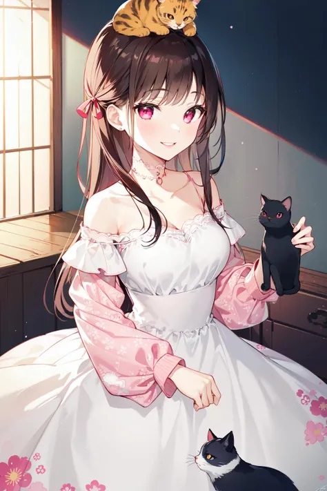 -first love, 1girl, cat, animal, brown hair, solo, long hair, holding, dress, collarbone, looking at viewer, bare shoulders, bangs, red eyes, smile, choker, holding animal, blush, ribbon, breasts, signature, black cat, hair ribbon, one side up, holding cat, long sleeves, animal on head, parted lips, on head, cat on head, window, floral print, indoors, white dress, pink ribbon, off shoulder