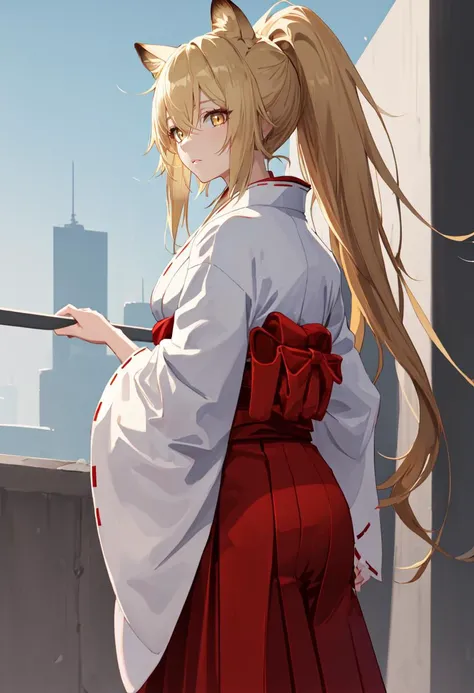 best quality, masterpiece, highres, solo, (siege_arknights:1.10), (white kimono:1.35), (red hakama:1.35), (wide sleeves:1.20), 22 <lora:siege_arknights:0.80>