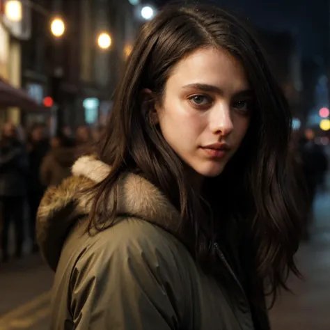 marqual,black long hair,face close-up,city street background,parka,masterpiece,bokeh,dof,highly detailed,add_detail