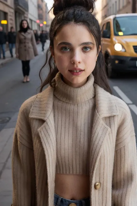marqual,black hair bun,upper body shot,city street background,long jacket,turtleneck sweater,masterpiece,bokeh,dof,highly detailed