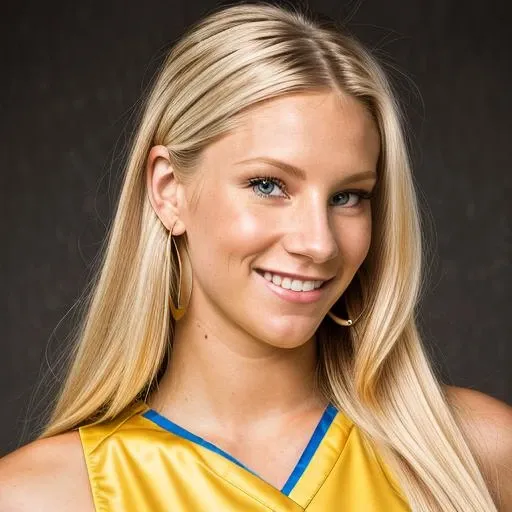a Realistic photo of a heather morris woman with blue eyes and long blonde Hair style, looking at the viewer, detailed face, detailed eyes, (smiling showing teeth:1.1), perfect slim body, modelshoot style, hand on own shoulder, wearing a cheer outfit, wearing gold earrings and jewelry, soft lighting, professional Photography, Photorealistic, detailed, standing in a dark Studio Room background, blurred background, RAW, analog, sharp focus, 8k, HD, DSLR, high quality, Fujifilm XT3, film grain, award winning, masterpiece <lora:heather morris v1.0:1>