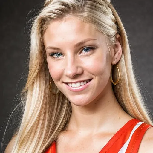 a Realistic photo of a heather morris woman with blue eyes and long blonde Hair style, looking at the viewer, detailed face, detailed eyes, (smiling showing teeth:1.1), perfect slim body, modelshoot style, hand on own shoulder, wearing a cheer outfit, wearing gold earrings and jewelry, soft lighting, professional Photography, Photorealistic, detailed, standing in a dark Studio Room background, blurred background, RAW, analog, sharp focus, 8k, HD, DSLR, high quality, Fujifilm XT3, film grain, award winning, masterpiece <lora:heather morris v1.0:1>