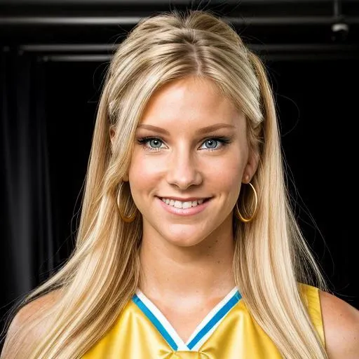 a Realistic photo of a heather morris woman with blue eyes and long blonde Hair style, looking at the viewer, detailed face, detailed eyes, (smiling showing teeth:1.1), perfect slim body, modelshoot style, hand on own shoulder, wearing a cheer outfit, wearing gold earrings and jewelry, soft lighting, professional Photography, Photorealistic, detailed, standing in a dark Studio Room background, blurred background, RAW, analog, sharp focus, 8k, HD, DSLR, high quality, Fujifilm XT3, film grain, award winning, masterpiece <lora:heather morris v1.0:1>