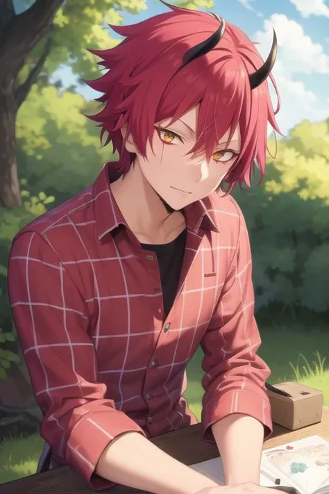 masterpiece, best quality, illustration, 1boy, solo, male focus, looking at viewer, , depth of field, <lora:benimaru_tensei_shitara:0.64>, benimaru_tensei_shitara, red hair, yellow eyes, flannel shirt, , Oz: A land of enchantment, where anything is possible, Blu-ray