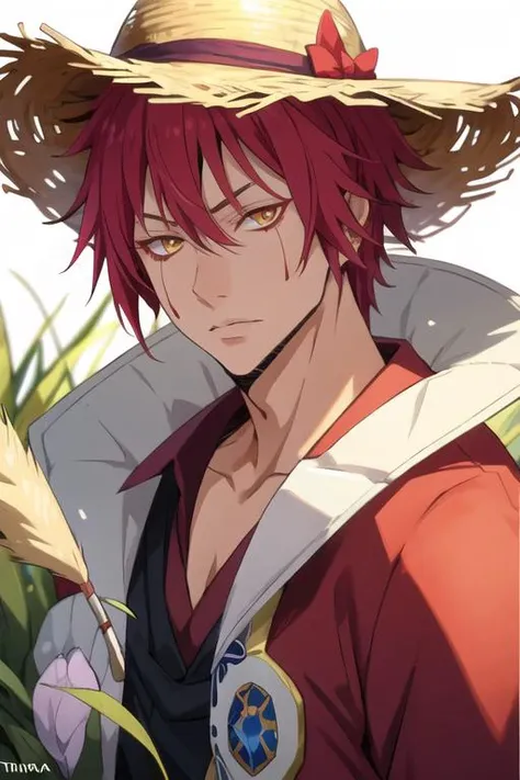 masterpiece, best quality, photorealistic, 1boy, solo, male focus, looking at viewer, upper body, , <lora:benimaru_tensei_shitara:0.68>, benimaru_tensei_shitara, red hair, yellow eyes, flannel shirt, straw hat, superhero fiction, 32k resolution