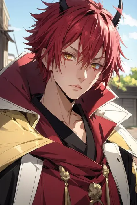 masterpiece, best quality, sketch, 1boy, solo, male focus, looking at viewer, , , <lora:benimaru_tensei_shitara:0.68>, benimaru_tensei_shitara, red hair, yellow eyes, psycho costume, ,