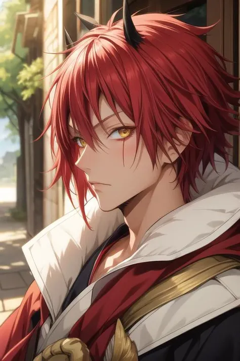 masterpiece, best quality, illustration, 1boy, solo, male focus, looking at viewer, , depth of field, <lora:benimaru_tensei_shitara:0.66>, benimaru_tensei_shitara, red hair, yellow eyes, camel costume, world war 1,