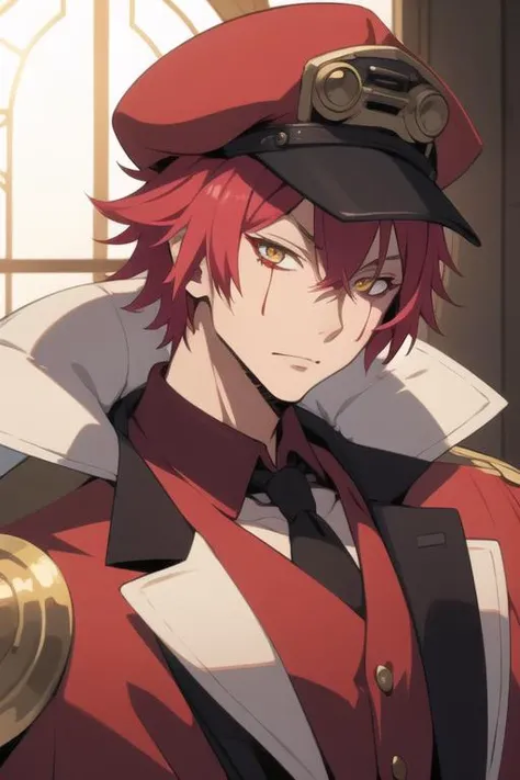masterpiece, best quality, illustration, 1boy, solo, male focus, looking at viewer, , , <lora:benimaru_tensei_shitara:0.68>, benimaru_tensei_shitara, red hair, yellow eyes, blazer, newsboy cap, steampunk, High resolution