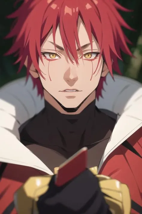 masterpiece, best quality, photorealistic, 1boy, solo, male focus, looking at viewer, upper body, depth of field, <lora:benimaru_tensei_shitara:0.72>, benimaru_tensei_shitara, red hair, yellow eyes, geek costume, , 16k resolution