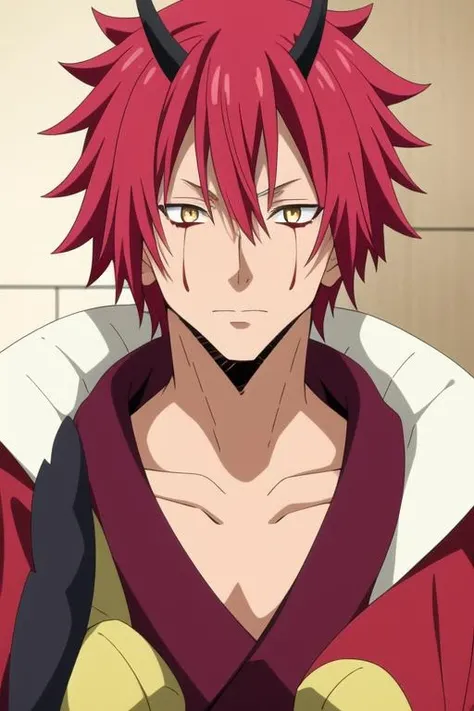 masterpiece, best quality, wallpaper, 1boy, solo, male focus, looking at viewer, , , <lora:benimaru_tensei_shitara:0.72>, benimaru_tensei_shitara, red hair, yellow eyes