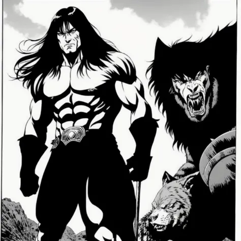 Conan the barbarian fighting against a giant wolf, sharp focus, 4k, art by art by rfktr_bwmnga