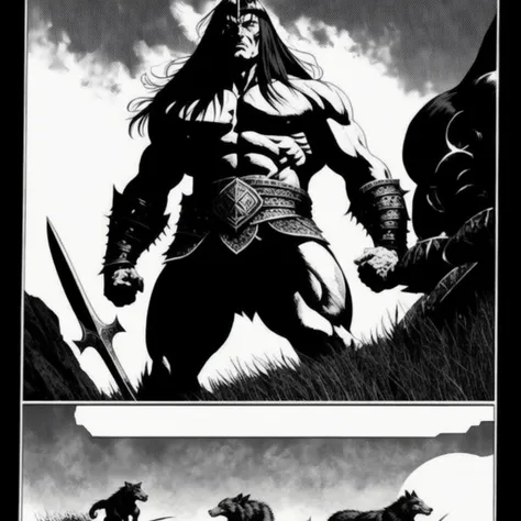 Conan the barbarian fighting against a giant wolf, sharp focus, 4k, art by art by rfktr_bwmnga