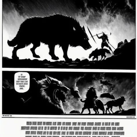 Conan the barbarian fighting against a giant wolf, sharp focus, 4k, art by art by rfktr_bwmnga
