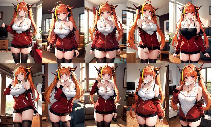 8K, 4K, Best Quality, High resolution: 1.2), (Masteristic, Realistic, Photoreal: 1.4), Three Women, With triplets, Beautiful face, she is smiling、Shining Lipin Eyes, Beholder, Fair skin, White skin: 1.5), fine complexion, full body Esbian,, Big, Big,  ridiculously long hair, Red hair color、Bangs, Hair ornaments, with two sides up,, 年轻, White T-back、s asack-view、お尻に食い込むWhite T-back、She just wears a thong in return、big butts、Long tights、Colossal tits、H-cup、Exposed nipples、Horns are growing、It emphasizes your butt、she is the devil、Wings are growing from my back、full of sweat、Tied with a rope、Touching each other's nipples