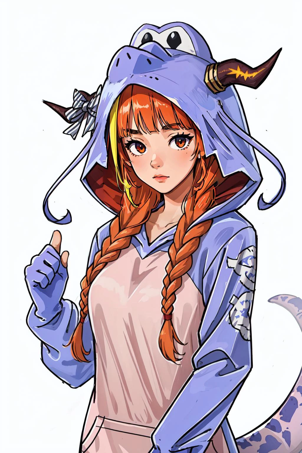 (masterpiece, best quality), intricate details,
1girl, <lora:kiryu_coco_v1:0.8> hmcoco, low twin braids, streaked hair, horn bow, hair over shoulder, dragon tail, animal costume, kigurumi, hood, hood up