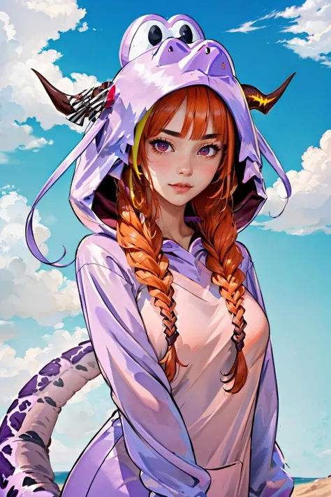 hmcoco,  <lora:kiryu_coco_v1:1>, hmcoco, low twin braids, streaked hair, horn bow, hair over shoulder, dragon tail, animal costume, kigurumi, hood, hood up elegant, pixiv, fanbox