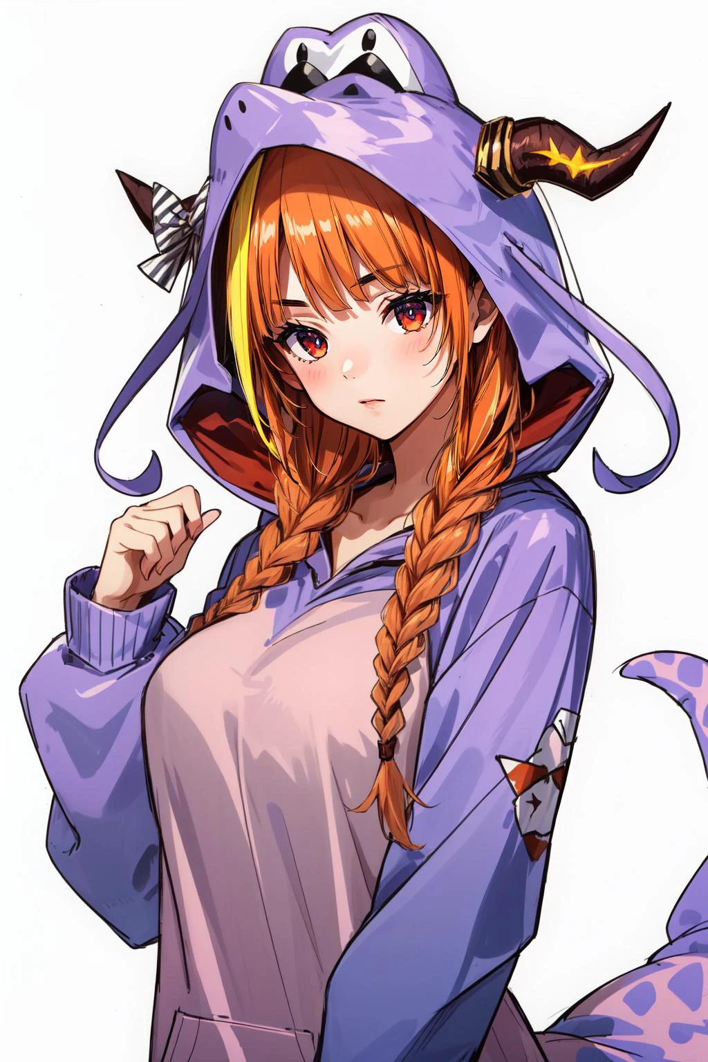 (masterpiece, best quality), intricate details,
1girl, <lora:kiryu_coco_v1:0.8> hmcoco, low twin braids, streaked hair, horn bow, hair over shoulder, dragon tail, animal costume, kigurumi, hood, hood up