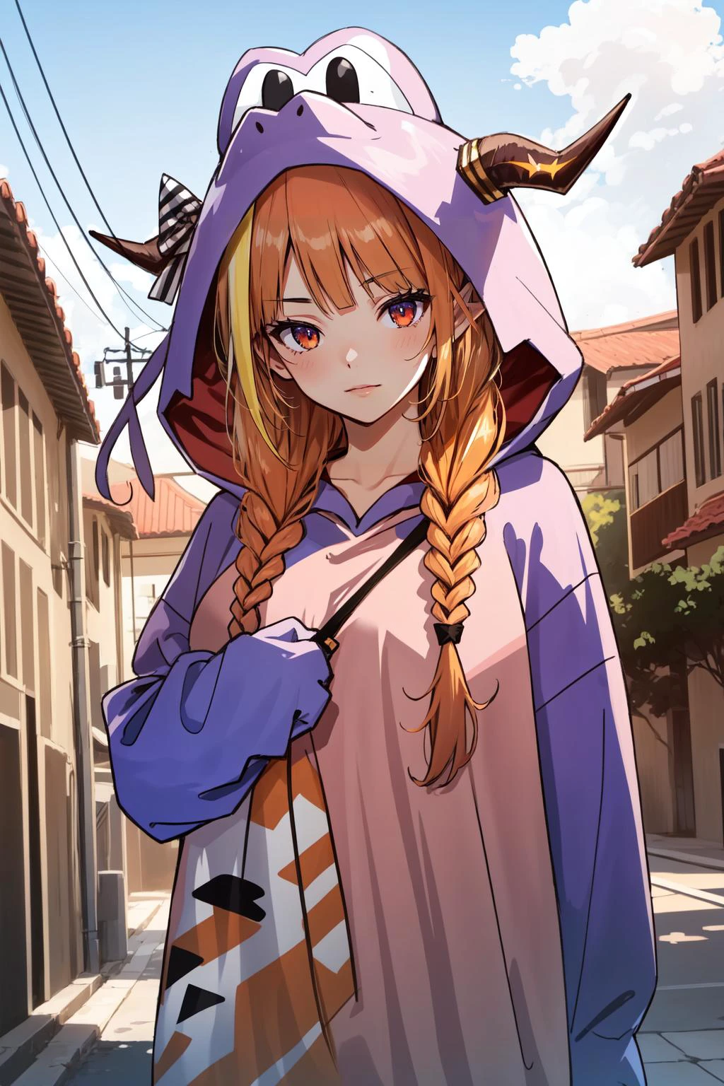 (masterpiece, best quality), intricate details,
1girl, <lora:kiryu_coco_v1:0.8> hmcoco, low twin braids, streaked hair, horn bow, hair over shoulder, dragon tail, animal costume, kigurumi, hood, hood up