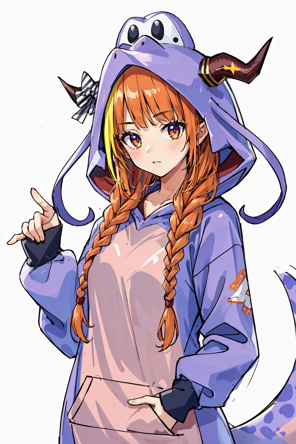 (masterpiece, best quality), intricate details,
1girl, <lora:kiryu_coco_v1:0.8> hmcoco, low twin braids, streaked hair, horn bow, hair over shoulder, dragon tail, animal costume, kigurumi, hood, hood up