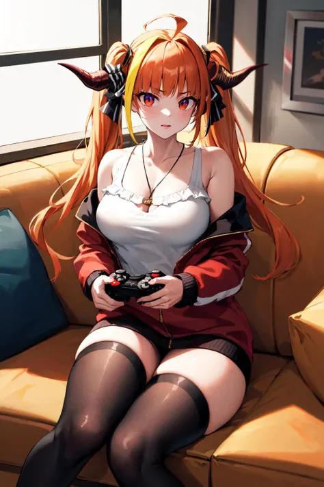 masterpiece, best quality, highres, hmcoco, twintails, streaked hair, horn bow, necklace, collarbone, bare shoulders, partially unzipped, red jacket, track jacket, long sleeves, white camisole, frills, cleavage cutout, black thighhighs, <lora:kiryu_coco_v1:0.7>, sitting, holding game controller,, sofa