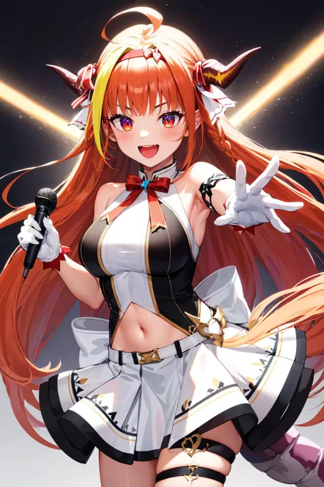 masterpiece, best quality, highres, hmcoco, long hair, streaked hair, single braid, red hairband, red ribbon, horn ribbon, dragon tail, bowtie, halterneck, hololive idol uniform, sleeveless, arm strap, navel, white gloves, white skirt, thigh strap, asymmetrical legwear, <lora:kiryu_coco_v1:0.7>, holding microphone, reaching out, smile, open mouth,