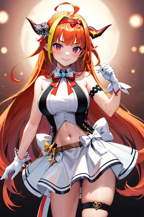 masterpiece, best quality, highres, hmcoco, long hair, streaked hair, single braid, red hairband, red ribbon, horn ribbon, dragon tail, bowtie, halterneck, hololive idol uniform, sleeveless, arm strap, navel, white gloves, white skirt, thigh strap, asymmetrical legwear, <lora:kiryu_coco_v1:0.7>, smile, cowboy shot, standing,